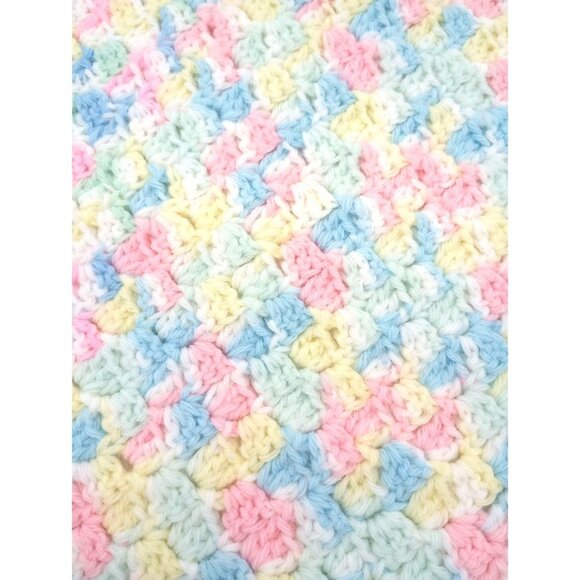 Handmade Crochet Baby Blanket Pastel Afghan 44”x 36” Blue Pink Yellow Nursery - Picture 3 of 8